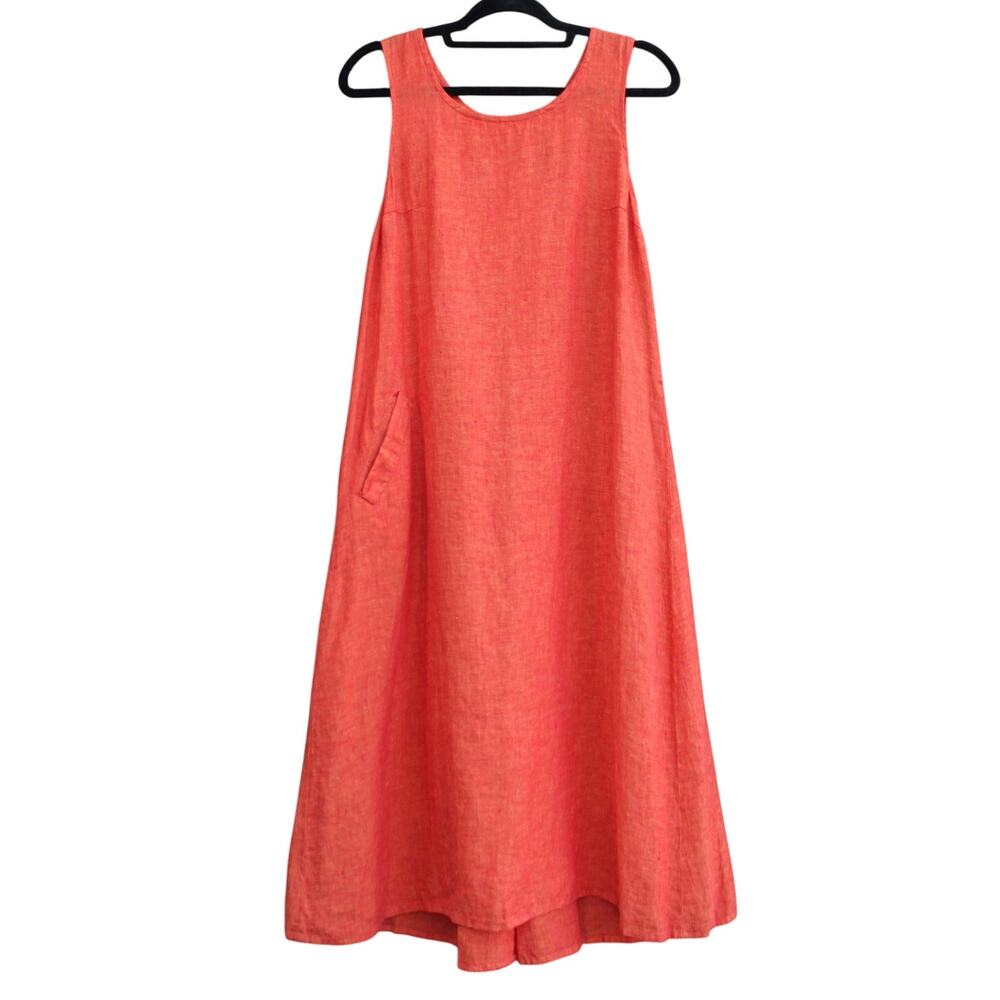 FLAX | Orange Linen Pull On Midi Dress Button Back Pocket Inverted Back Pleat Sx